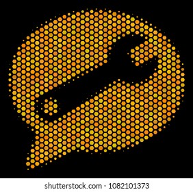 Halftone hexagon Service Message icon. Bright gold pictogram with honey comb geometric structure on a black background. Vector collage of service message icon designed of hexagonal cells.