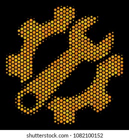 Halftone hexagon Service Tools icon. Bright gold pictogram with honeycomb geometric pattern on a black background. Vector pattern of service tools icon constructed of hexagon pixels.