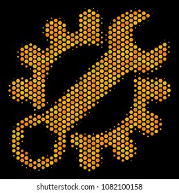 Halftone hexagon Service Tools icon. Bright gold pictogram with honey comb geometric structure on a black background. Vector concept of service tools icon constructed of hexagonal blots.