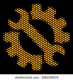 Halftone hexagon Service Tools icon. Bright golden pictogram with honey comb geometric structure on a black background. Vector composition of service tools icon created of honeycomb items.