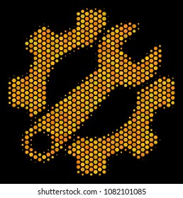 Halftone hexagon Service Tools icon. Bright yellow pictogram with honey comb geometric structure on a black background. Vector mosaic of service tools icon created of hexagonal items.