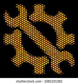 Halftone hexagon Service Tools icon. Bright yellow pictogram with honey comb geometric pattern on a black background. Vector mosaic of service tools icon combined of honeycomb dots.