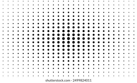 Halftone hexagon shape pixel effect vector background space holder, halftone gradient technology science background, hexagon texture with fading effect, black and white halftone hexagon pattern
