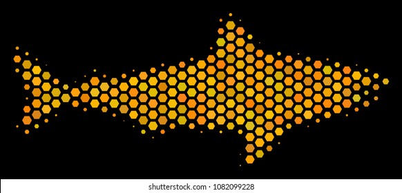 Halftone hexagon Shark icon. Bright yellow pictogram with honeycomb geometric structure on a black background. Vector mosaic of shark icon done of hexagonal elements.
