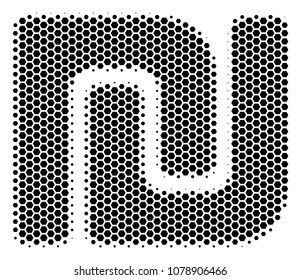 Halftone hexagon Shekel icon. Pictogram on a white background. Vector composition of shekel icon combined of hexagonal dots.