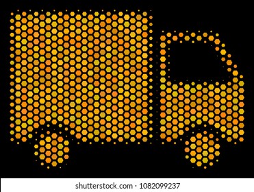 Halftone hexagon Shipment Van icon. Bright yellow pictogram with honey comb geometric structure on a black background. Vector mosaic of shipment van icon designed of honeycomb dots.
