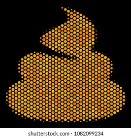 Halftone hexagon Shit icon. Bright gold pictogram with honey comb geometric structure on a black background. Vector mosaic of shit icon constructed of hexagon elements.