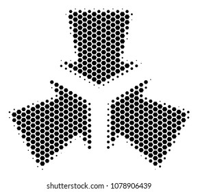 Halftone hexagon Shrink Arrows icon. Pictogram on a white background. Vector mosaic of shrink arrows icon composed of hexagonal spots.