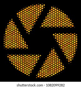 Halftone hexagon Shutter icon. Bright golden pictogram with honey comb geometric structure on a black background. Vector concept of shutter icon composed of hexagonal cells.