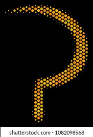 Halftone hexagon Sickle icon. Bright gold pictogram with honey comb geometric structure on a black background. Vector concept of sickle icon designed of honeycomb blots.
