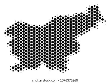 Halftone hexagon Slovenia Map. Vector geographic map on a white background. Vector mosaic of Slovenia Map organized of hexagon dots.