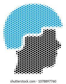 Halftone hexagon Soldier Helmet icon. Pictogram on a white background. Vector concept of soldier helmet icon composed of hexagon dots.