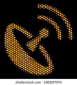 Halftone hexagon Space Antenna icon. Bright gold pictogram with honeycomb geometric pattern on a black background. Vector composition of space antenna icon composed of hexagonal pixels.