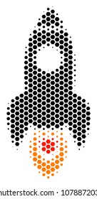 Halftone hexagon Space Rocket icon. Pictogram on a white background. Vector collage of space rocket icon constructed of hexagonal pixels.
