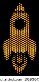Halftone hexagon Space Rocket icon. Bright yellow pictogram with honey comb geometric structure on a black background. Vector collage of space rocket icon created of honeycomb pixels.
