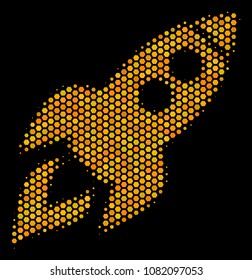 Halftone hexagon Space Rocket Launch icon. Bright golden pictogram with honeycomb geometric pattern on a black background. Vector composition of space rocket launch icon made of hexagonal items.