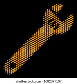 Halftone hexagon Spanner icon. Bright gold pictogram with honey comb geometric pattern on a black background. Vector collage of spanner icon done of hexagonal items.