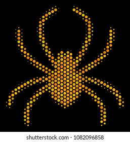 Halftone hexagon Spider icon. Bright yellow pictogram with honeycomb geometric structure on a black background. Vector pattern of spider icon organized of honeycomb dots.