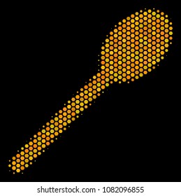 Halftone hexagon Spoon icon. Bright golden pictogram with honey comb geometric pattern on a black background. Vector composition of spoon icon composed of hexagonal pixels.