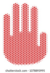 Halftone hexagon Stop Hand icon. Pictogram on a white background. Vector mosaic of stop hand icon designed of hexagonal spots.