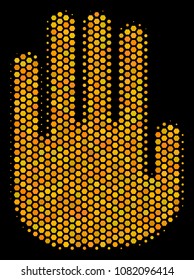 Halftone hexagon Stop Hand icon. Bright gold pictogram with honey comb geometric structure on a black background. Vector concept of stop hand icon combined of honeycomb cells.