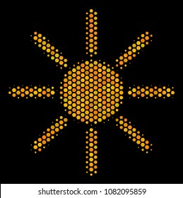 Halftone hexagon Sun icon. Bright yellow pictogram with honey comb geometric structure on a black background. Vector collage of sun icon constructed of hexagon cells.