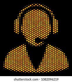 Halftone hexagon Support Operator icon. Bright yellow pictogram with honey comb geometric pattern on a black background. Vector collage of support operator icon created of honeycomb cells.