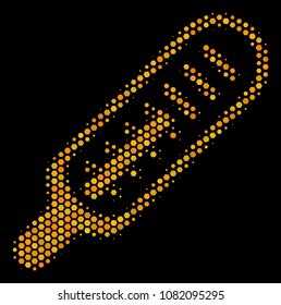 Halftone hexagon Thermometer icon. Bright golden pictogram with honey comb geometric pattern on a black background. Vector collage of thermometer icon designed of honeycomb spots.