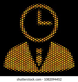 Halftone hexagon Time Manager icon. Bright golden pictogram with honey comb geometric structure on a black background. Vector concept of time manager icon constructed of honeycomb pixels.