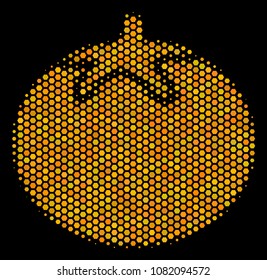 Halftone hexagon Tomato Vegetable icon. Bright gold pictogram with honey comb geometric structure on a black background. Vector mosaic of tomato vegetable icon created of hexagon blots.