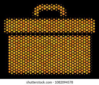 Halftone hexagon Toolbox icon. Bright yellow pictogram with honeycomb geometric pattern on a black background. Vector collage of toolbox icon done of hexagon pixels.