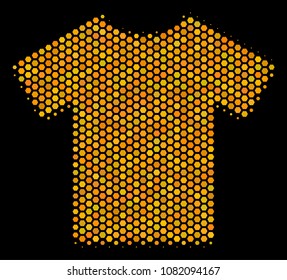 Halftone hexagon T-Shirt icon. Bright gold pictogram with honeycomb geometric structure on a black background. Vector pattern of t-shirt icon constructed of honeycomb pixels.