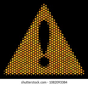 Halftone hexagon Warning icon. Bright golden pictogram with honey comb geometric structure on a black background. Vector mosaic of warning icon composed of honeycomb spots.