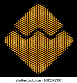 Halftone hexagon Waves Currency icon. Bright golden pictogram with honey comb geometric pattern on a black background. Vector composition of waves currency icon done of honeycomb elements.