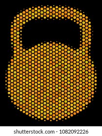 Halftone hexagon Weight icon. Bright yellow pictogram with honey comb geometric structure on a black background. Vector concept of weight icon designed of hexagon elements.