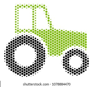 Halftone hexagon Wheeled Tractor icon. Pictogram on a white background. Vector collage of wheeled tractor icon combined of hexagon dots.