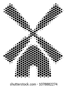Halftone hexagon Wind Mill icon. Pictogram on a white background. Vector composition of wind mill icon designed of hexagon pixels.