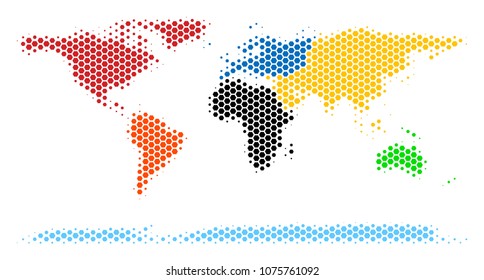Halftone hexagon World Continent Map. Vector geographic map on a white background. Vector mosaic of World Continent Map designed of hexagonal blots.