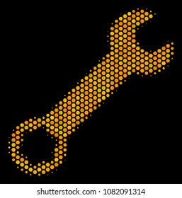 Halftone hexagon Wrench icon. Bright golden pictogram with honeycomb geometric structure on a black background. Vector collage of wrench icon combined of hexagon items.