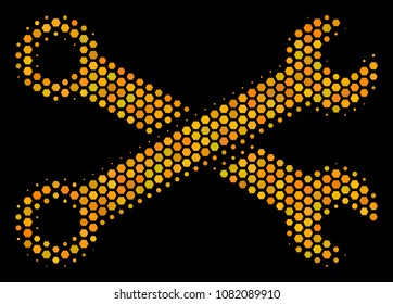 Halftone hexagon Wrenches icon. Bright gold pictogram with honey comb geometric structure on a black background. Vector composition of wrenches icon composed of hexagonal blots.