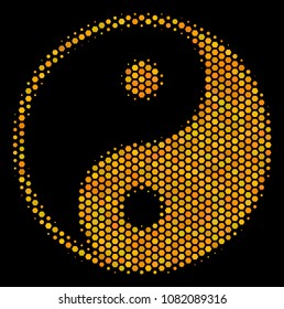 Halftone hexagon Yin Yang icon. Bright yellow pictogram with honey comb geometric structure on a black background. Vector collage of yin yang icon designed of hexagonal pixels.