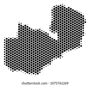 Halftone hexagon Zambia Map. Vector geographic map on a white background. Vector mosaic of Zambia Map designed of hexagonal pixels.