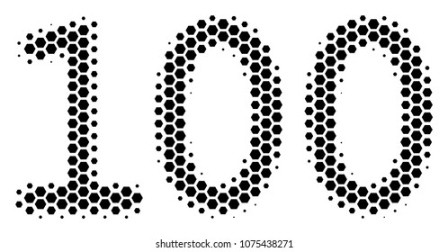 Halftone hexagonal 100 Text icon. Pictogram on a white background. Vector mosaic of 100 text icon created of hexagon elements.