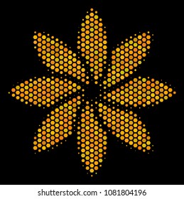 Halftone hexagonal Abstract Flower icon. Bright yellow pictogram with honeycomb geometric structure on a black background. Vector collage of abstract flower icon created of hexagonal items.