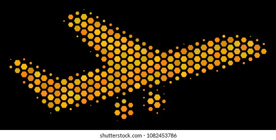 Halftone hexagonal Aiplane icon. Bright gold pictogram with honey comb geometric pattern on a black background. Vector concept of aiplane icon done of hexagonal dots.