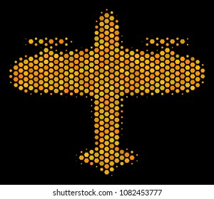 Halftone hexagonal Aircraft icon. Bright yellow pictogram with honeycomb geometric pattern on a black background. Vector concept of aircraft icon composed of hexagon items.