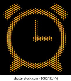 Halftone hexagonal Alarm Clock icon. Bright golden pictogram with honey comb geometric pattern on a black background. Vector pattern of alarm clock icon made of hexagon pixels.