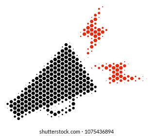 Halftone hexagonal Alert Megaphone icon. Pictogram on a white background. Vector collage of alert megaphone icon created of hexagonal spots.