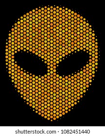 Halftone hexagonal Alien Face icon. Bright yellow pictogram with honey comb geometric pattern on a black background. Vector pattern of alien face icon combined of honeycomb pixels.