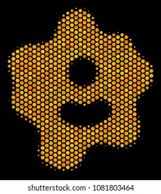 Halftone hexagonal Amoeba icon. Bright yellow pictogram with honeycomb geometric structure on a black background. Vector pattern of amoeba icon done of honeycomb cells.